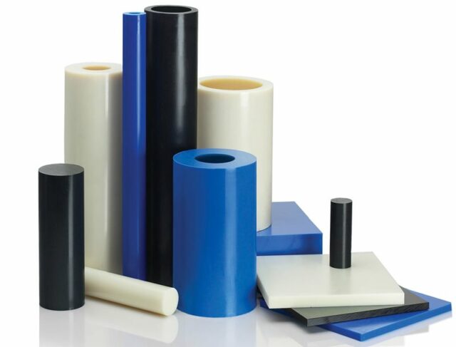 stacked Nylon sheets, rods, and tubes in various colors and heights