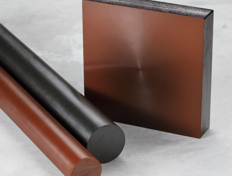 two rods and a sheet of DuPont™ Vespel® Polyimide in varying colors
