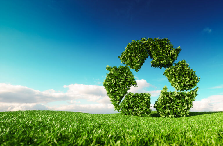 3d rendering of green recycle icon on fresh spring meadow with blue sky in background.