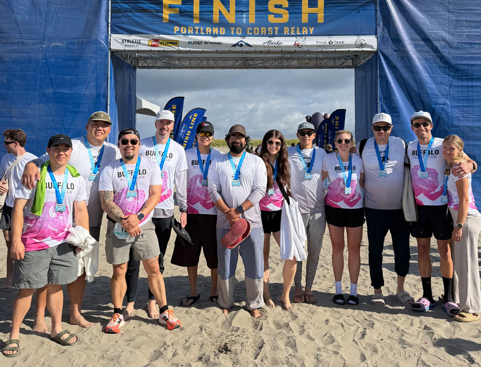 Hood to Coast Team Buffalo members at the Portland to Coast Relay finish line.